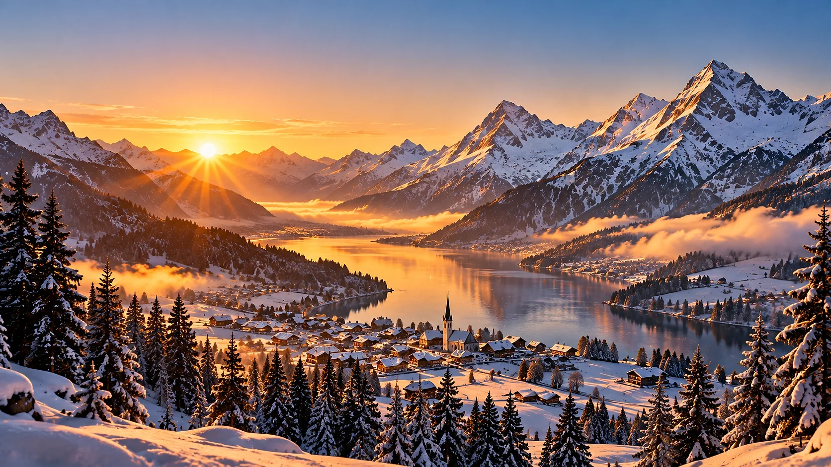 Hotelzimmer mit rundem Fenster, dahinter die verschneiten Berge bei Sonnenaufgang