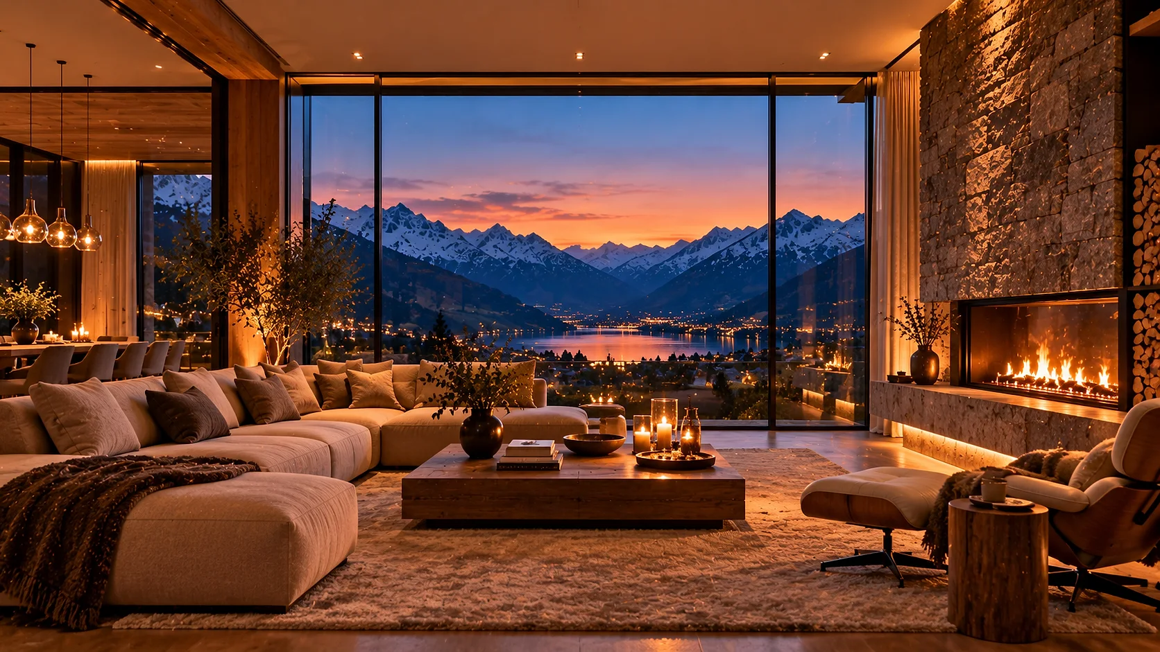 Modernes Haus in der Dämmerung, durchs Fenster das Wohnzimmer mit Kamin