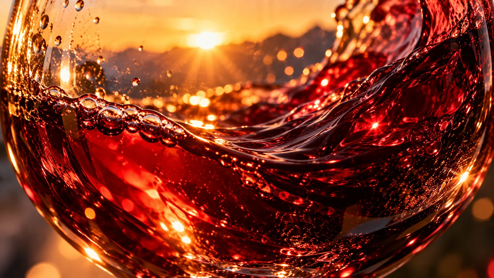 Ein Glas Rotwein vor den Rebbergen im Rheintal, darin der Wein in goldenem Licht